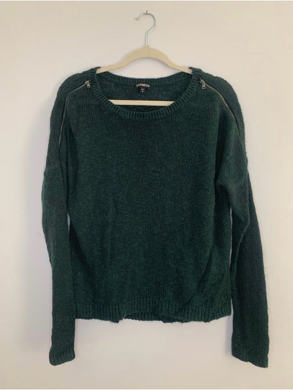 Express Dark Green Zip-Shoulder Crewneck Sweater